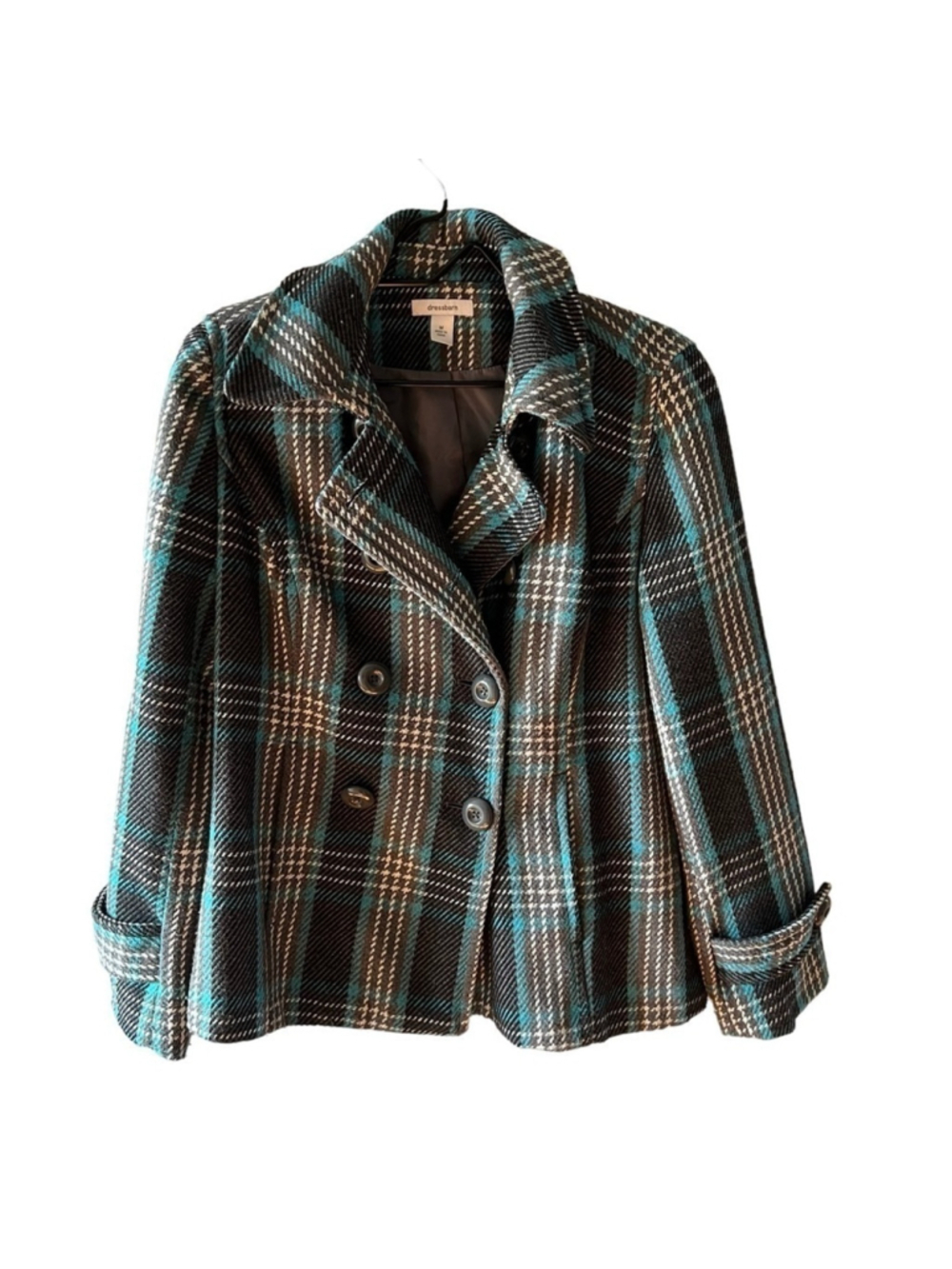 Dress Barn Woman’s Peacoat Blue Black Plaid Button Up Size Medium